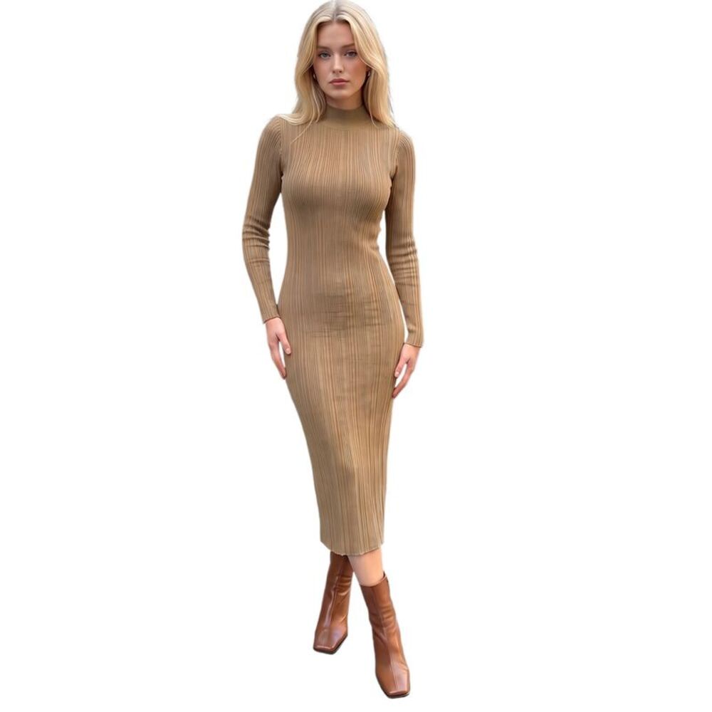 Women's Mock Neck Ribbed Knit Long Sleeve Bodycon Maxi Sweater Dress Khaki